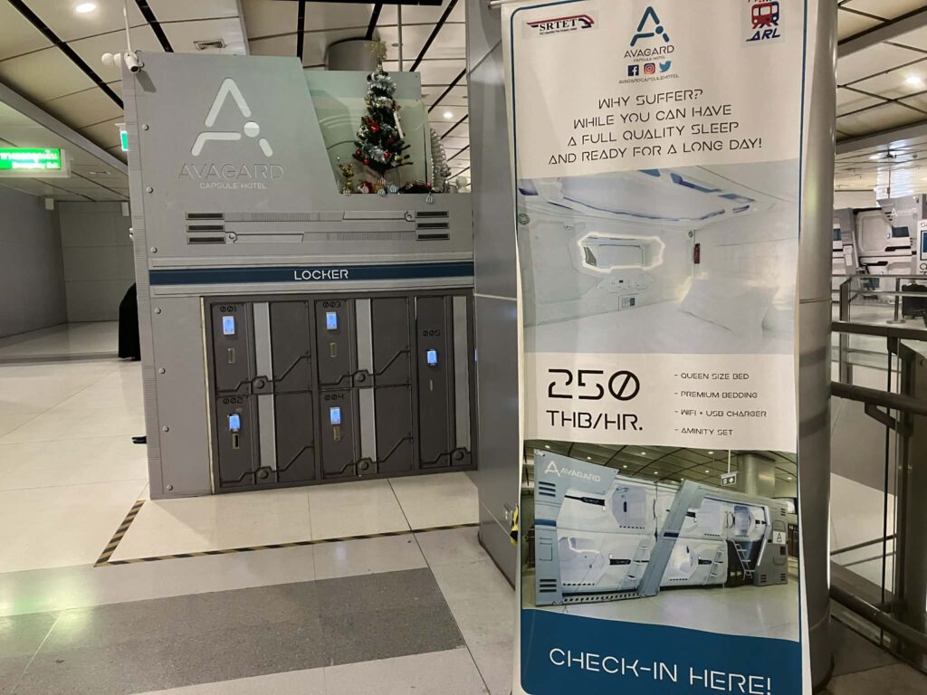 Avagard Capsule Hotel lockers and check-in area at Suvarnabhumi Airport B1 floor