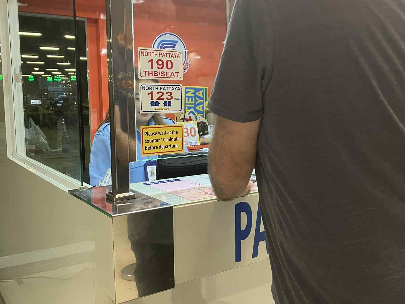 Pattaya North bus ticket price 123 THB and 190 THB at airport counter