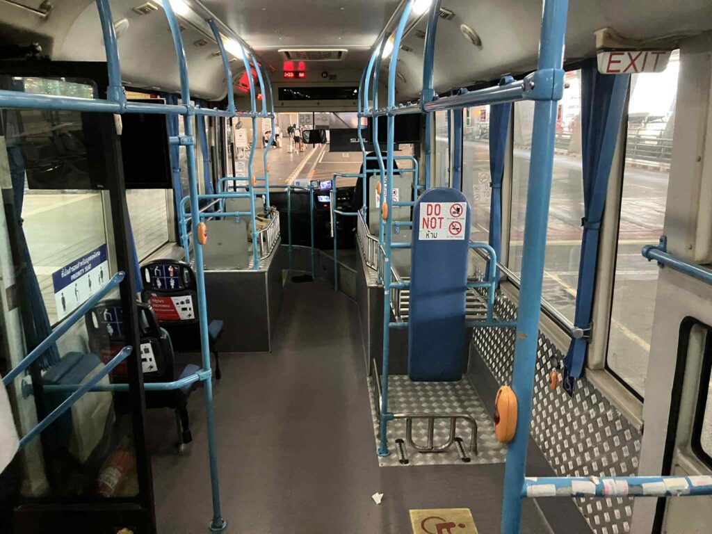 Front interior of the AOT free shuttle bus between Suvarnabhumi and Don Mueang