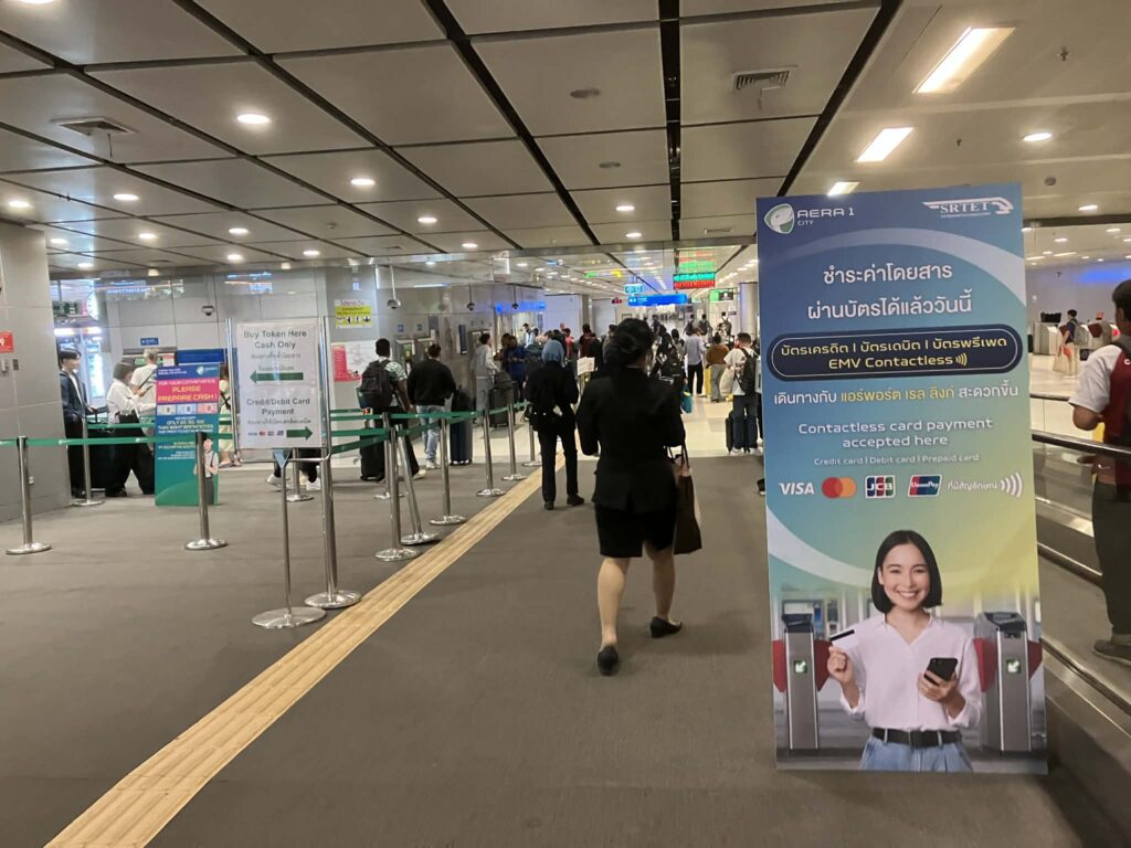 Airport Rail Link ticket gates at Suvarnabhumi Airport with EMV contactless payment