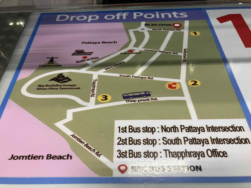 Pattaya airport bus drop-off points map North Pattaya South Pattaya Jomtien