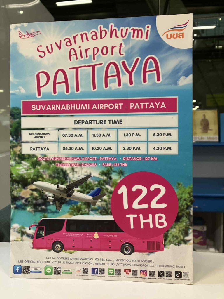 Suvarnabhumi Airport to Pattaya bus fare sign 122 THB