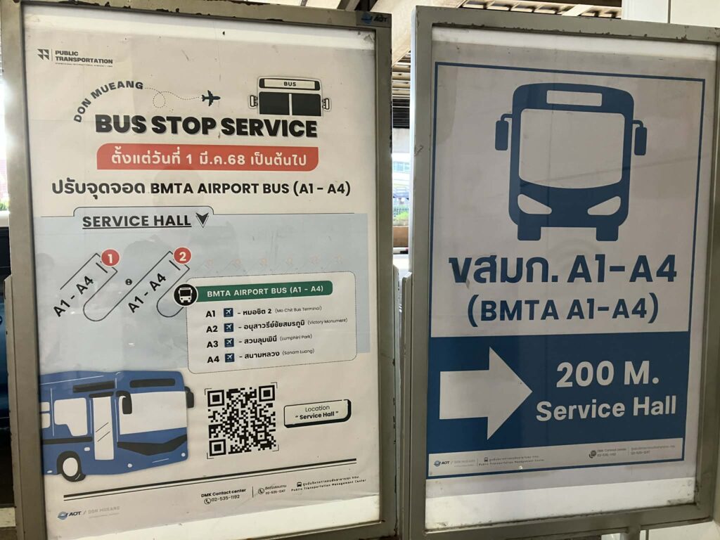 Airport bus stop service sign for routes A1 to A4 at Don Mueang Airport