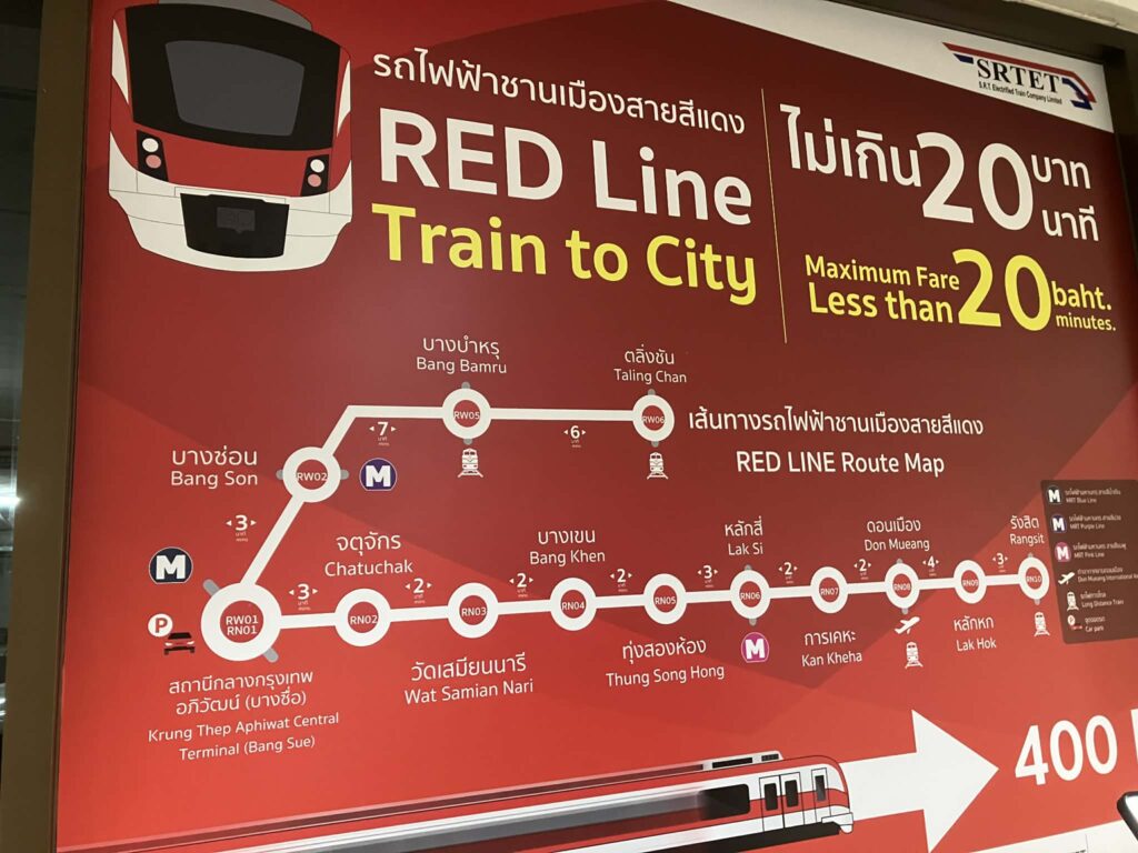Red Line train route map from Don Mueang Airport to Bangkok