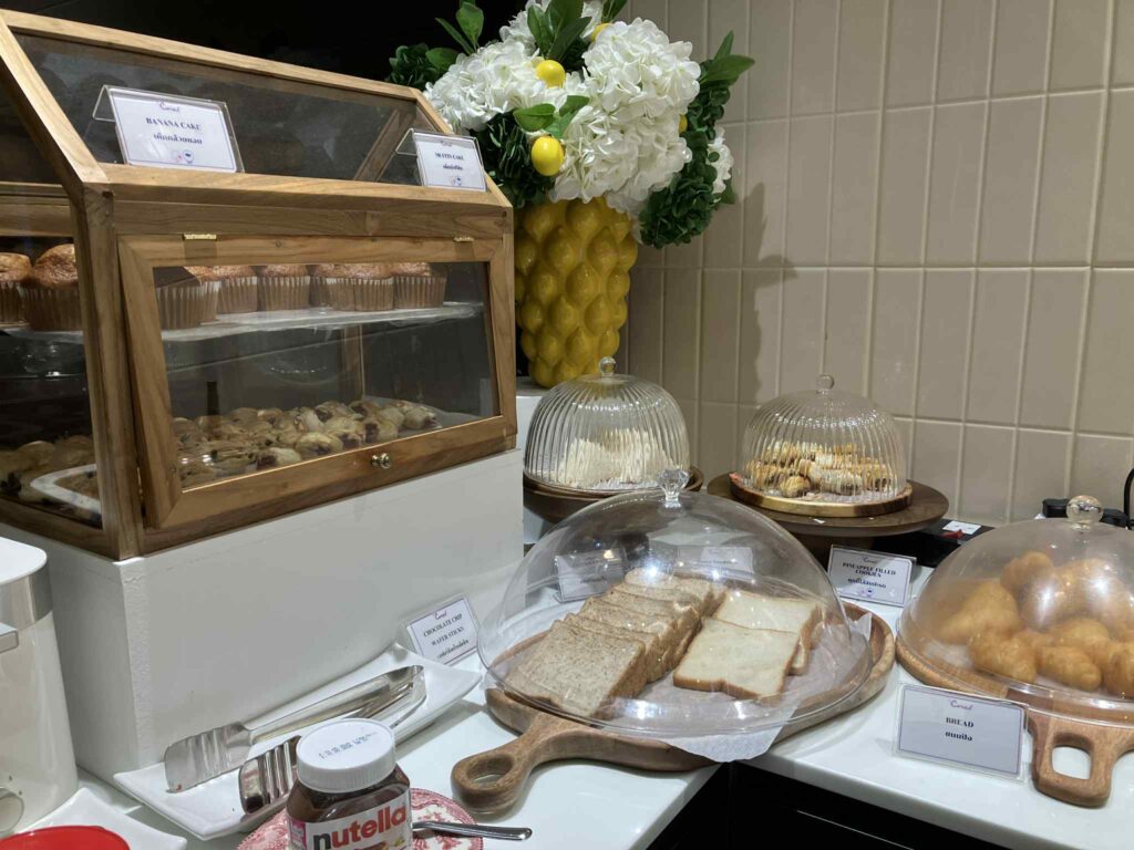 Don Mueang Airport Coral Lounge bread and pastry selection