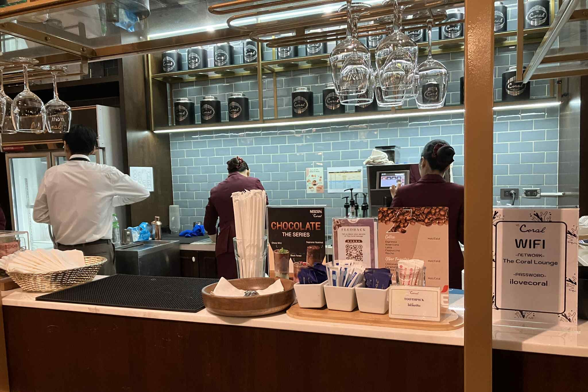 Don Mueang Airport Coral Lounge coffee counter and staff service