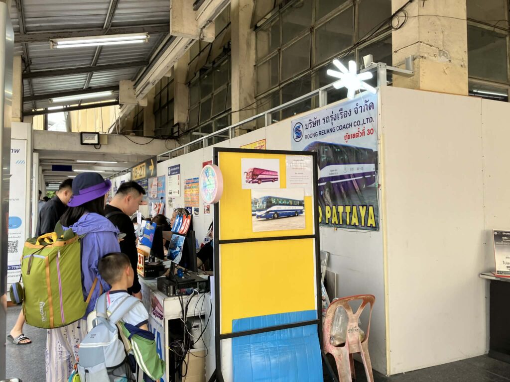 Temporary ticket booths at Ekkamai Bus Terminal during renovation