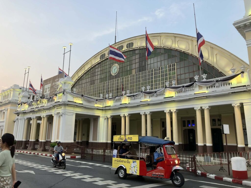Exterior of Hua Lamphong Railway Station in Bangkok at dusk