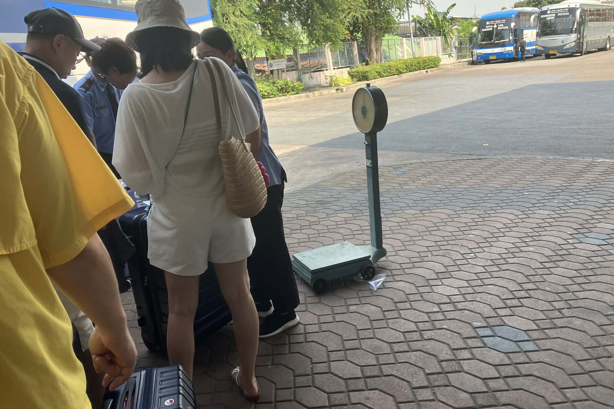 Luggage weighing area at North Pattaya Bus Terminal before boarding