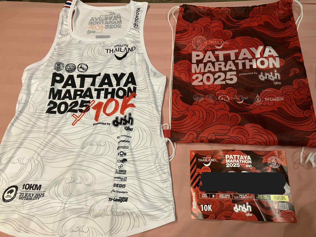 Pattaya Marathon race kit with bib, singlet, event bag and race card
