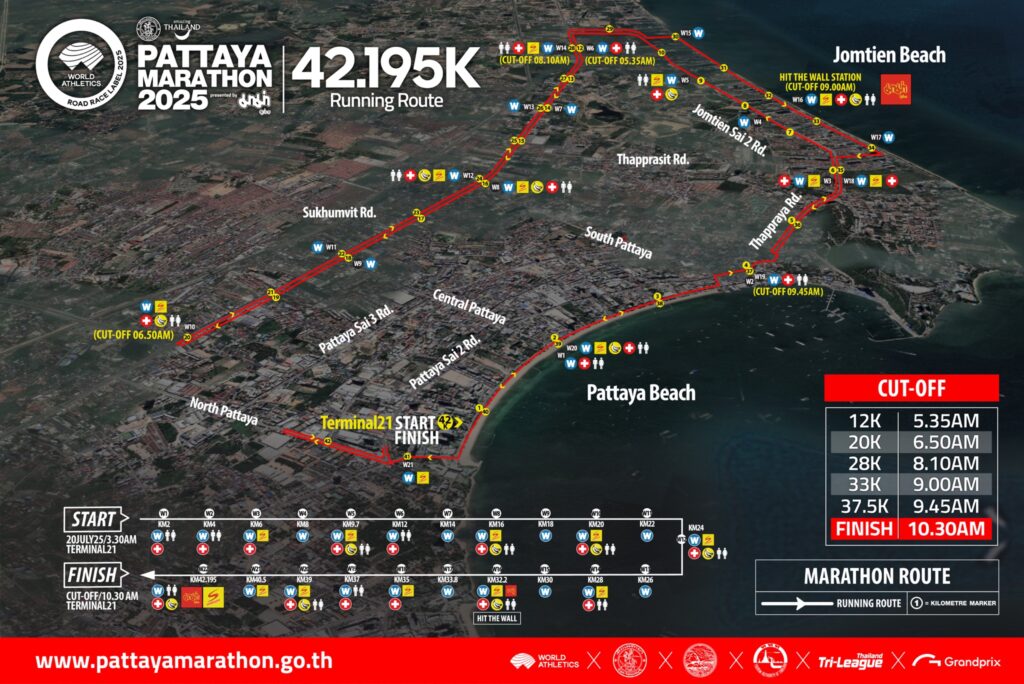 Pattaya Marathon full marathon route map through Pattaya Beach, Jomtien and Sukhumvit Road
