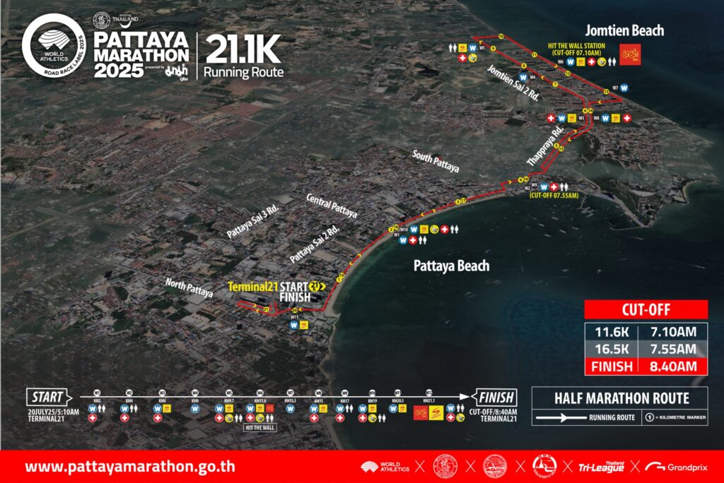 Pattaya Marathon half marathon route map from Terminal 21 to Jomtien Beach
