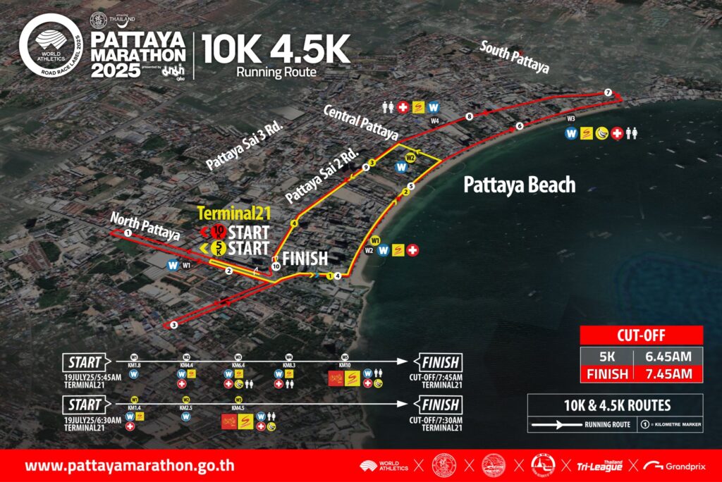 Pattaya Marathon 10K and 4.5K route map around Terminal 21 and Pattaya Beach