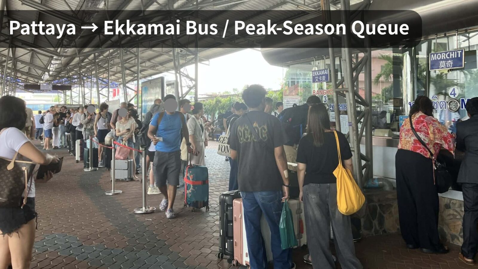 Long queue for same-day Pattaya to Ekkamai bus tickets during Lunar New Year at North Pattaya Bus Terminal